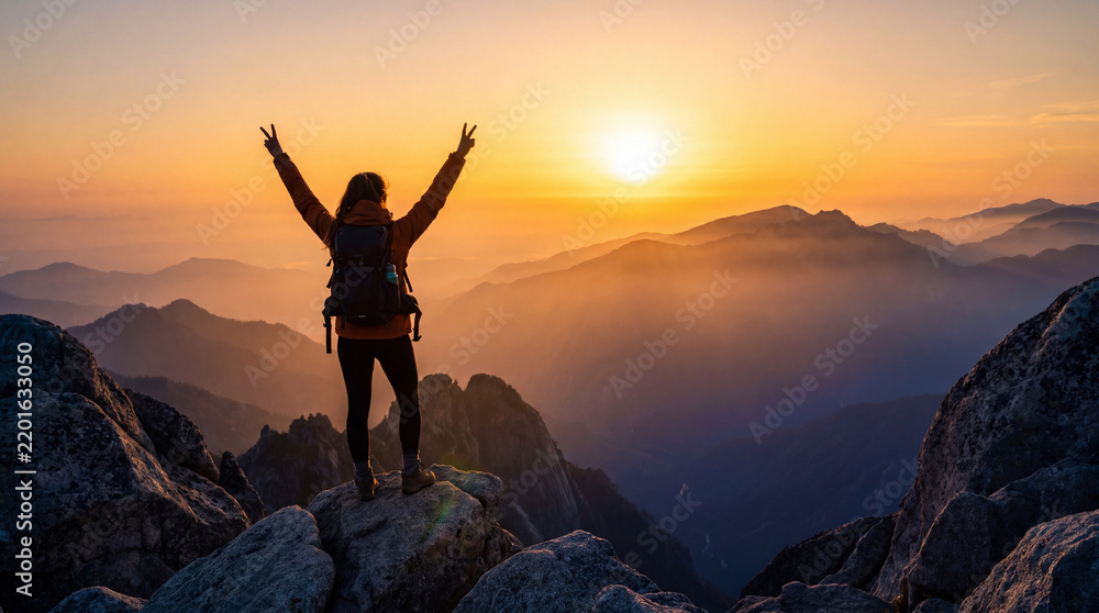 Obraz premium A backpacker standing on a rocky mountain peak with arms raised in victory, enjoying the golden sunrise and scenic panoramic landscape view.