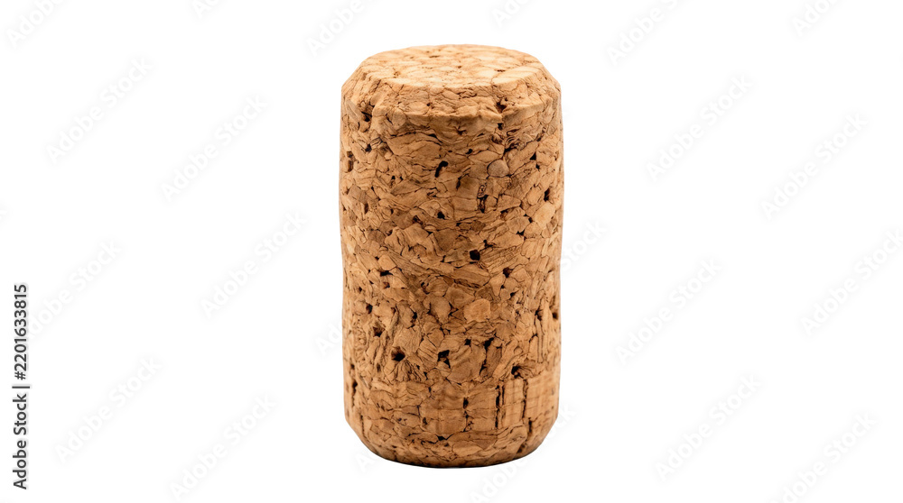 Fototapeta premium Natural wine cork stopper with cylindrical shape, porous tan surface and tightly compressed cork texture, sustainable traditional bottle closure with rustic appearance; photorealistic macro product