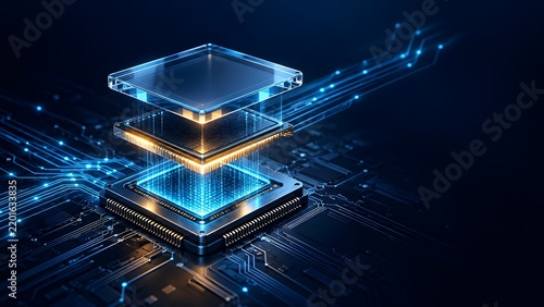 Plakat Layered glowing microchip processor representing advanced semiconductor technology quantum computing power and high performance artificial intelligence hardware architecture
