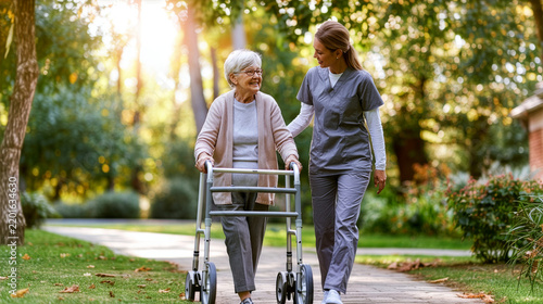 elderly woman confidently walking with a modern aluminum walker in a peaceful park while a professional caregiver walks beside