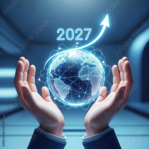 Hands cradle future globe; growth arrow ascends