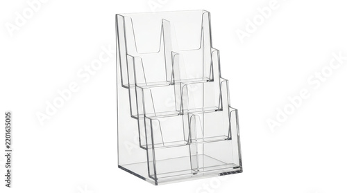 Travel agent brochure stand with a tiered upright acrylic structure, multiple angled display pockets, smooth transparent surfaces, and professional countertop presentation design, isolated product