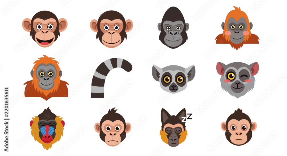 Obraz premium Collection of Adorable Cartoon Monkey Faces and Primate Characters Isolated