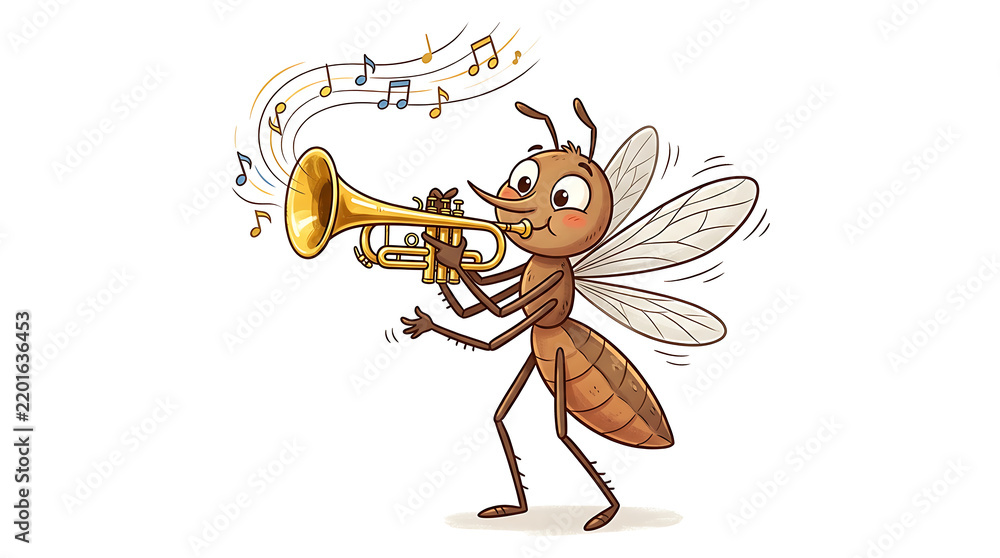 Fototapeta premium Whimsical Funny Cartoon Mosquito Insect Character Playing a Golden Trumpet with Floating Music Notes