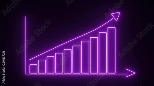 Growing bar graph animation with upward trend in neon purple against black background