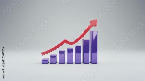 Growing bar graph with ascending red arrow during clean studio lighting with subtle motion for business growth concept