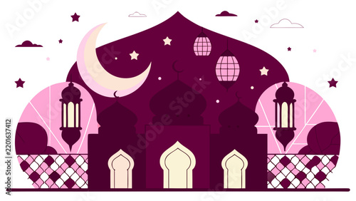 Ramadan illustration featuring a mosque silhouette with crescent moon and lanterns.