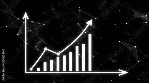 Growing financial bar charts with upward arrows on black background with network overlay
