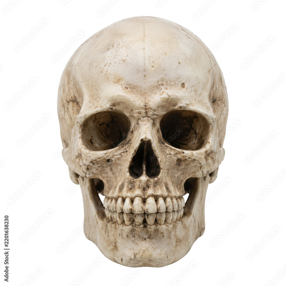 Fototapeta premium Detailed human skull, front view, showing intricate bone texture and teeth, isolated on a clean white background