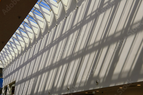 Dynamic white arched ribs frame blue-tinted glass panels in rhythmic pattern; interplay of light and shadow creates sleek, futuristic mood