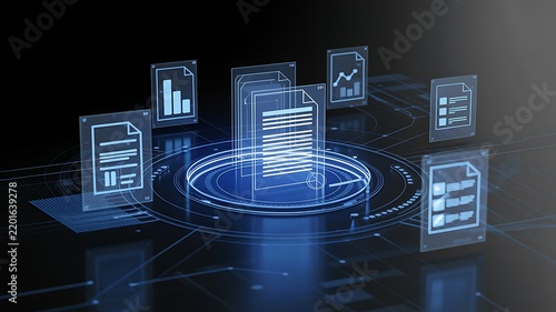 Digital documents organized in a glowing futuristic data hub with charts and graphs