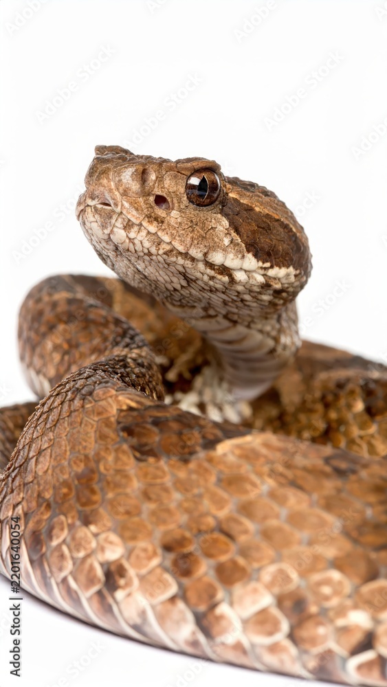 Obraz premium Close-Up of a Brown Snake with Detailed Scales and Intense Gaze on a White Background