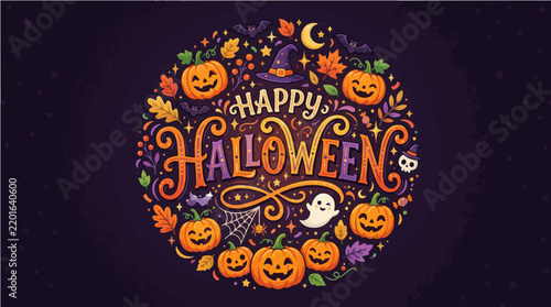 Floral halloween lettering with pumpkins bats and a crescent moon illustration
