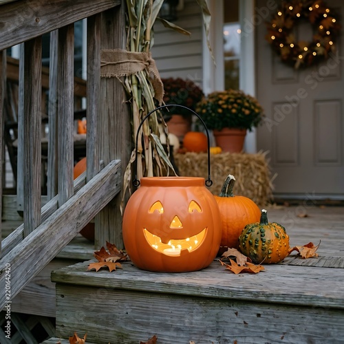 Illuminated Jack O Lantern Pumpkin Bucket Decorating A Rustic Front Porch