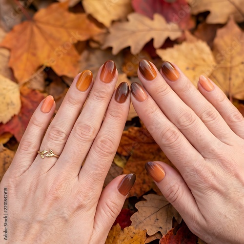 Beautiful Autumnal Manicure with Gradient Nails and Gold Leaf Ring Design