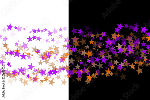 A vibrant digital composition featuring scattered purple and orange stars on split black white background