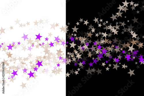 Abstract composition featuring floating beige and vibrant purple stars on a split black white background