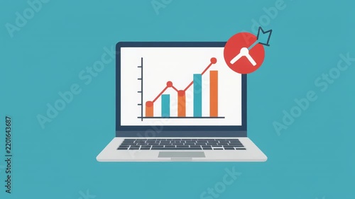 Laptop screens display declining charts against a teal background with red error icons