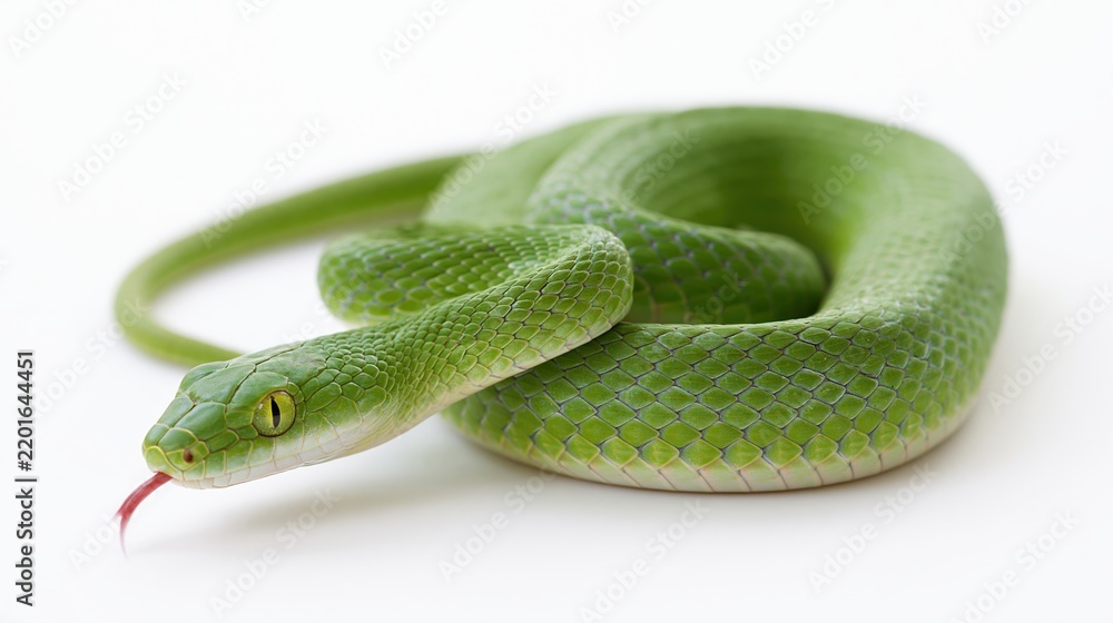 Obraz premium Bright green snake coiled in s-shape with head raised and tongue extended on white background