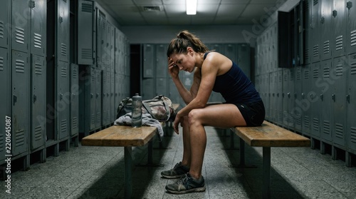 A female athlete sits heavily on a bench in a dark locker room. She wears a sports top and shorts, and her head is resting on her hand.