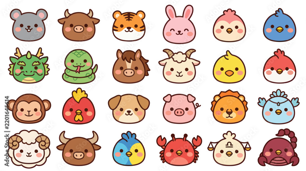 Obraz premium Cute animal faces zodiac collection