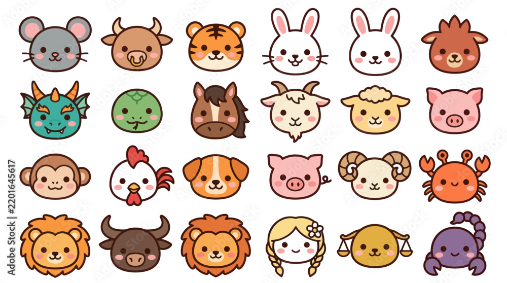 Obraz premium Cute animal faces zodiac collection
