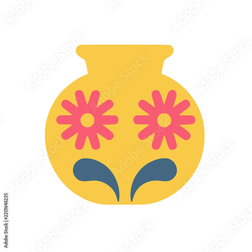 Yellow vase with pink flowers and blue teardrops