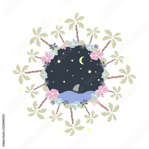 Pattern. Sailboat sailing surrounded by palm trees. Starry night sky. Transparent Background.