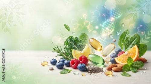 A vibrant arrangement of fresh fruits and vegetables is displayed alongside several vitamin supplements on a light wooden surface.