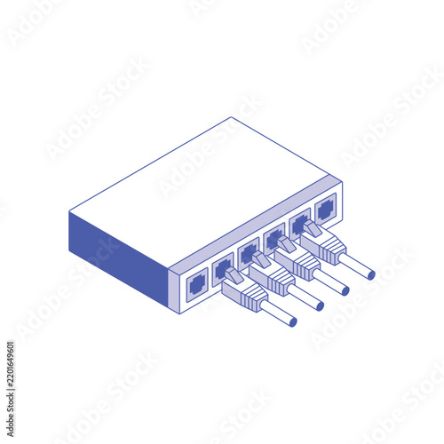 Isometric network switch with connected ethernet cables