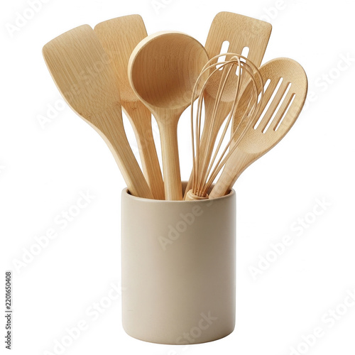 Wooden kitchen utensils set in a holder on white background