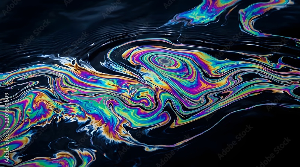 Obraz premium Iridescent oil spill creates swirling rainbow patterns with vibrant neon colors on liquid surface in this sharp high definition macro photograph