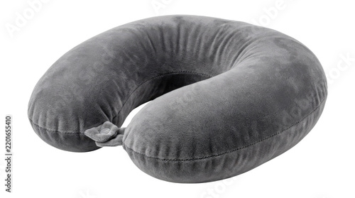 Travel neck pillow with soft U-shaped cushioned body, plush fabric surface, rounded ergonomic contours, and comfortable portable travel accessory design. Photorealistic, front 3/4 view, square