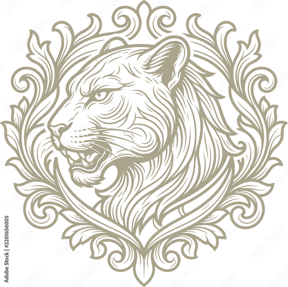 Fototapeta premium Elegant Engraving Illustration of a Fierce Panther Head Framed in Ornate Baroque Style Foliage on White Background