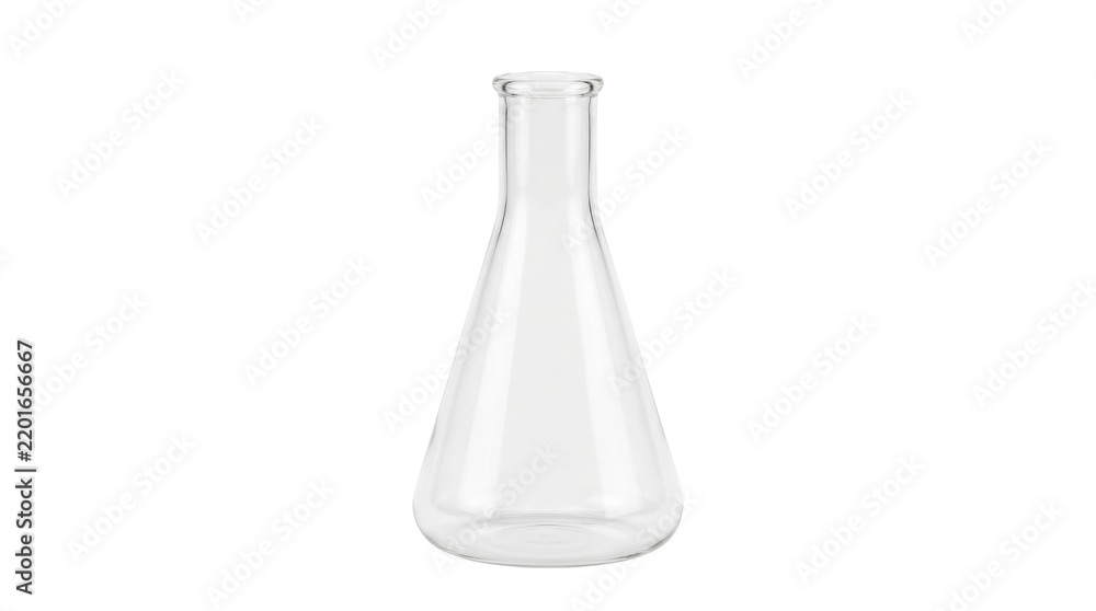Fototapeta premium A clear laboratory Erlenmeyer flask with a wide conical glass body, flat base, narrow cylindrical neck, smooth transparent walls, and precise scientific glassware proportions without markings.