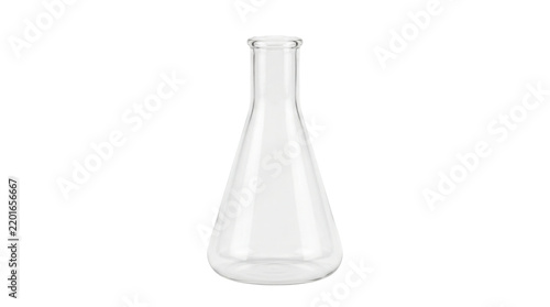 A clear laboratory Erlenmeyer flask with a wide conical glass body, flat base, narrow cylindrical neck, smooth transparent walls, and precise scientific glassware proportions without markings.