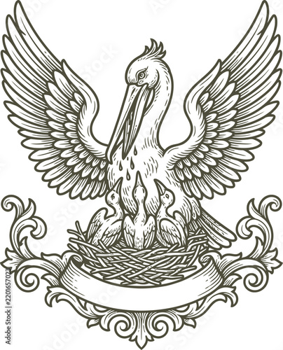 Vintage Pelican in Her Piety Heraldic Emblem Illustration Isolated on White Background for Heraldry Design Projects