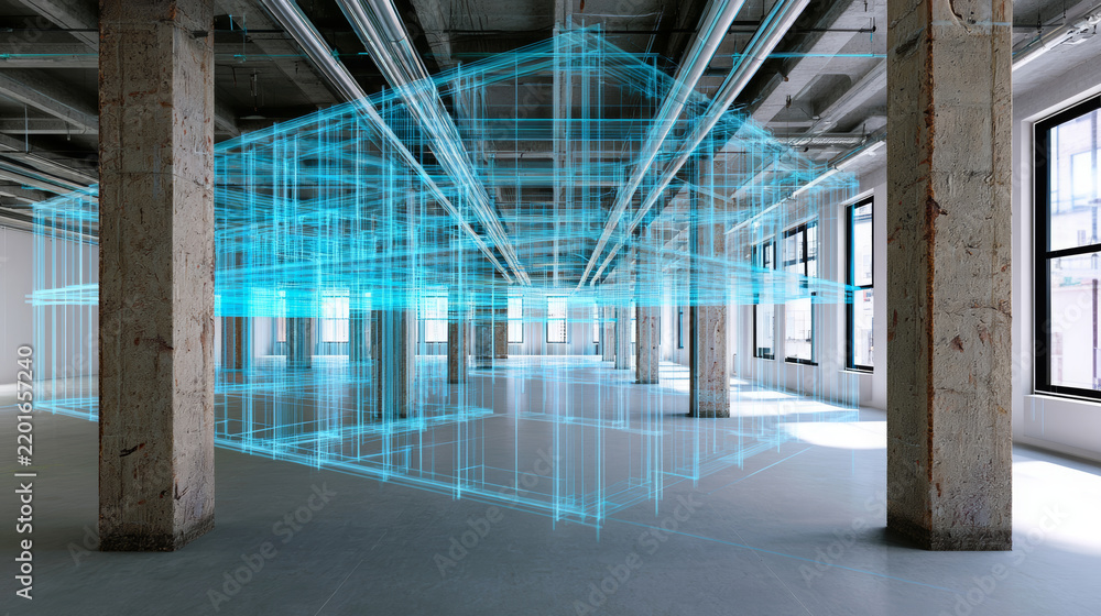 Obraz premium Digital building blueprint hologram displaying a virtual architecture wireframe structure in a modern industrial loft space, merging augmented reality and construction technology concepts