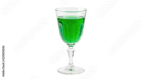 Absinthe glass filled with vivid translucent emerald-green spirit, elegant vintage-style glass form and striking refined appearance, classic herbal alcoholic beverage; photorealistic beverage