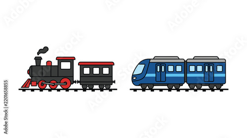 Steam train and high speed train on tracks flat vector silhouette
