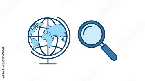 Globe and magnifying glass illustration with a blue silhouette