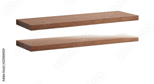 Pair of wooden floating shelves on transparent background