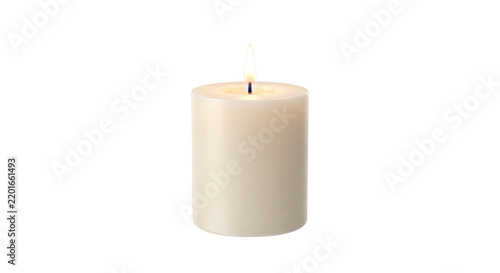 Lit white pillar candle on transparent background