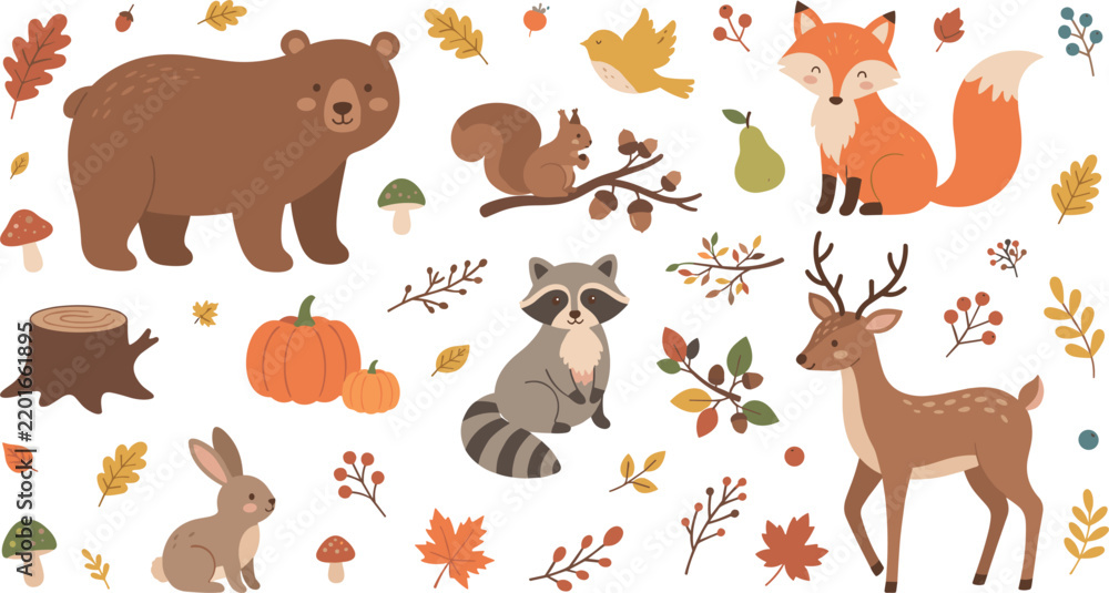 Obraz premium Cute Woodland Animals Vector Set with Autumn Leaves, Pumpkins, Bear, Fox, Deer, Raccoon, Squirrel, and Bunny for Nursery Designs and Fall Decor Illustrations