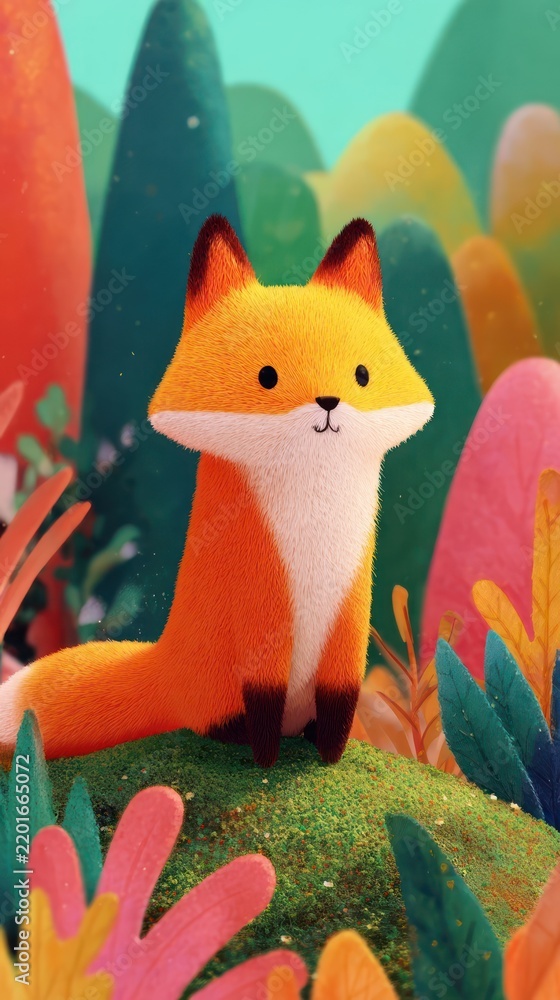 Obraz premium Cute cartoon fox in vibrant forest, perfect for mobile wallpaper.