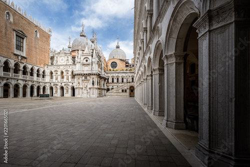 Palazzo Ducale courtyard, Venetian architecture, Basilica di San Marco on sunny day, Venice, Italy