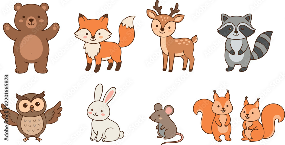 Obraz premium Cute Cartoon Woodland Animals Vector Clipart Collection with Smiling Bear, Fox, Deer, and Raccoon for Kids Nursery Art and Baby Product Surface Designs