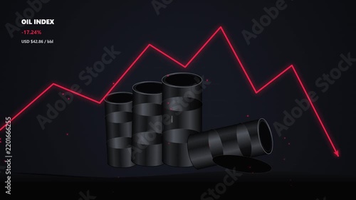 Oil Market Crash with Falling Price Chart and Industrial Barrels