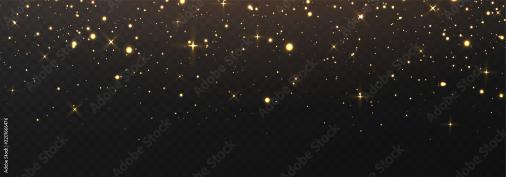 Obraz premium Golden particle frame. Christmas abstract light background. Light bokeh texture. Magic star dust. Snow wave. New Year luxury. Celebration party. Galaxy fantasy. Vector illustration
