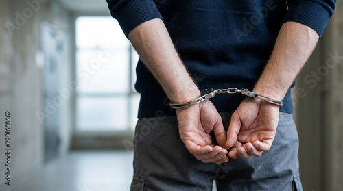 Man in Handcuffs, Arrested Suspect, Crime Scene Concept, Close-up View